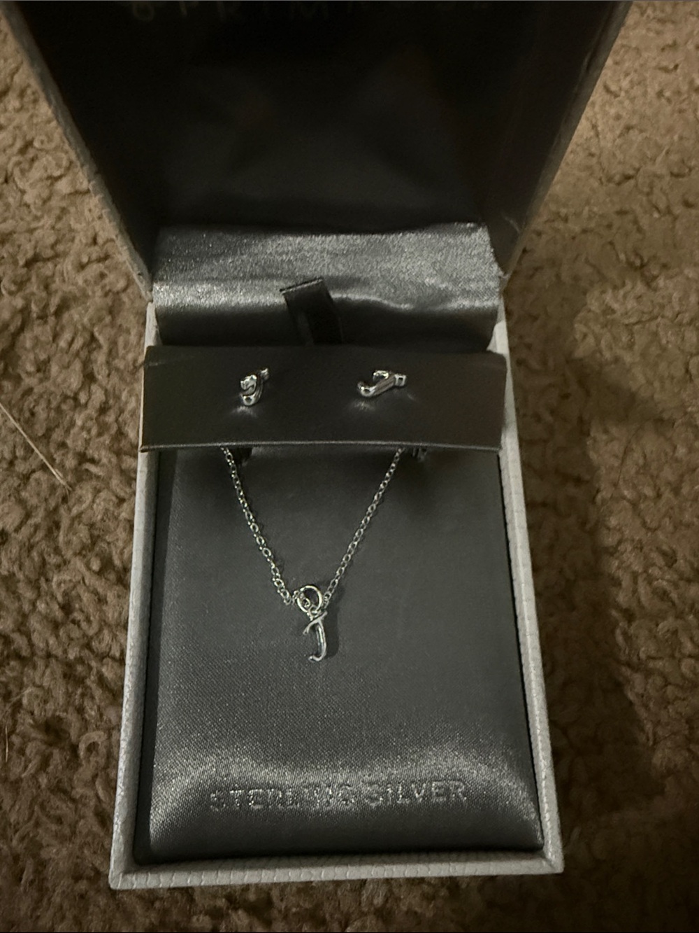 Sterling Silver J Initial Necklace and Stud Earrings - Silver